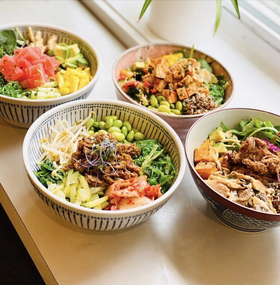 Colorful Hawaiian poke bowls with tuna, quinoa and signature sauces in Montreal