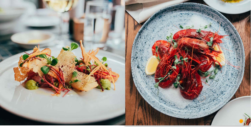 Refined gourmet plate at Ferreira Café in Montreal, featuring fresh shrimp, creative garnishes, and elegant presentation, ideal for a gourmet lunch or dinner.