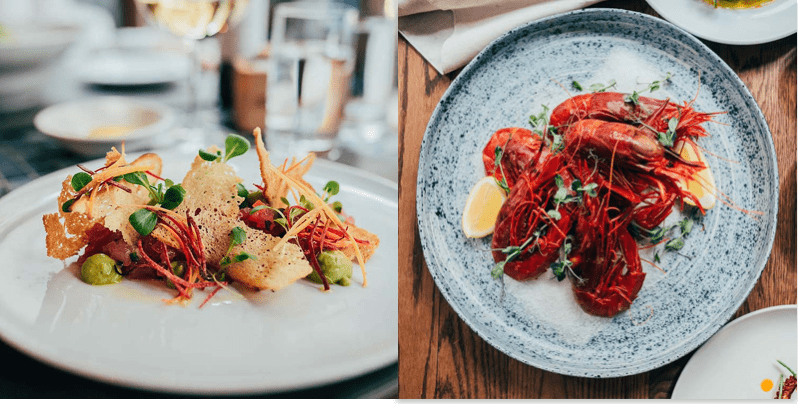 Assiette gastronomique raffinée au Ferreira Café à Montréal, comprenant des crevettes fraîches, des garnitures créatives, et des présentations élégantes, parfait pour un déjeuner ou dîner gourmet.