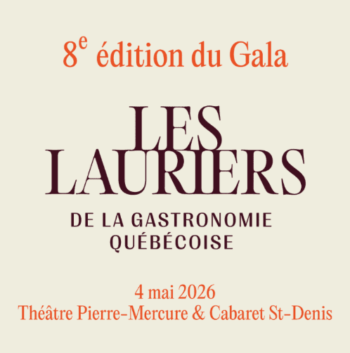 Affiche du gala des Lauriers de la gastronomie québécoise 2026 indiquant la date et le lieu à Montréal