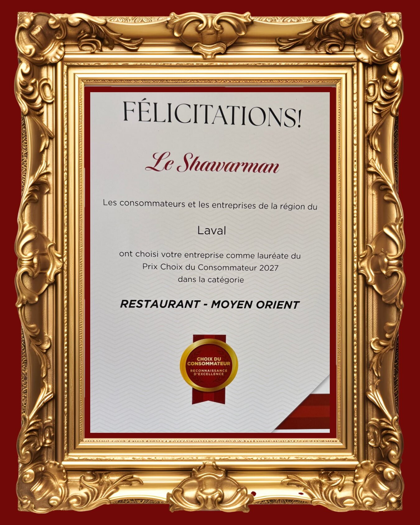A Second Winning Year for Le Shawarman, Receiving the Consumer Choice Award in Laval