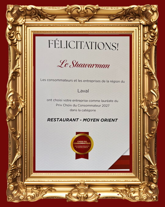 A Second Winning Year for Le Shawarman, Receiving the Consumer Choice Award in Laval News